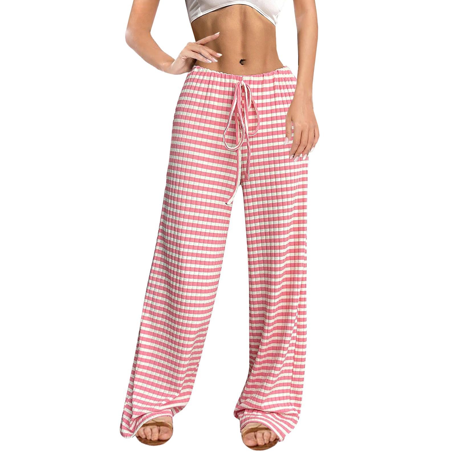 

Женские модные повседневные полосатые однотонные брюки прямого кроя с эластичным поясом и шнурком L розовый