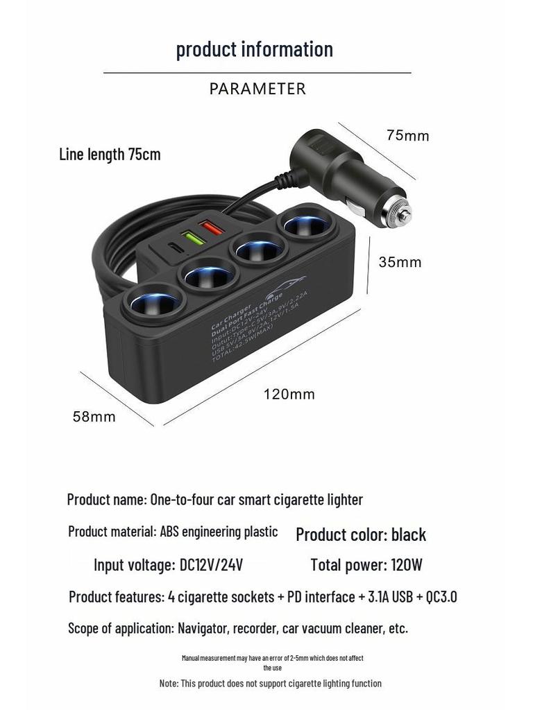 Universal High-Power Car Charger: 1-to-4 Cigarette Lighter, PD+Dual USB, Fast Charging for 12V/24V.