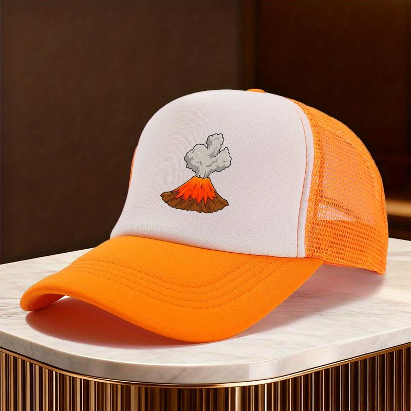 Volcano Eruption Cartoon Graphic Trucker Hat Unisex Polyester Mesh Snapback Cap for Outdoor Casual Travel