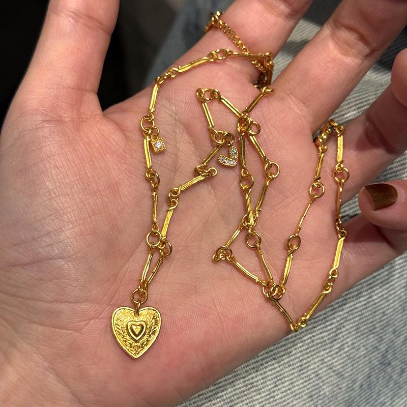 Glossy heart-shaped pendant charm bamboo necklace new in antique gold craftsm layered style collar chain Retro wedding jewelry