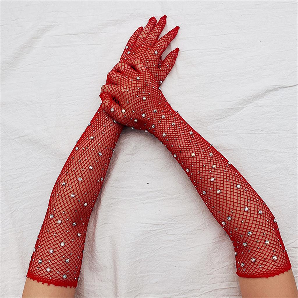 Rhinestones Long Gloves Performance Gloves Mesh Long Gloves With Rhinestones Fishnet Long Gloves Women Dance Gloves