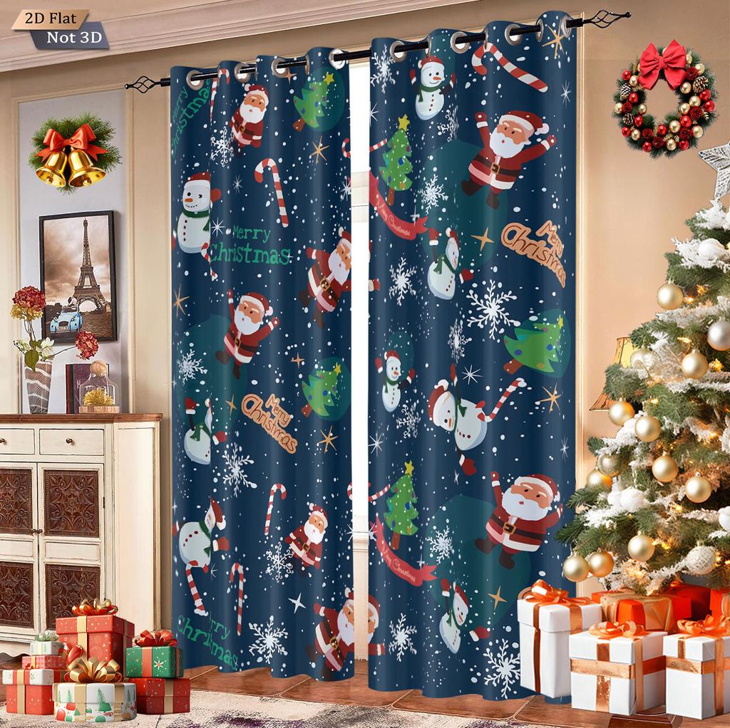 Cartoon Santa Claus Print Perforated Curtain Multi Size Insulation Living Room Holiday Decoration Easy Installation With Blackout Polyester Perfect