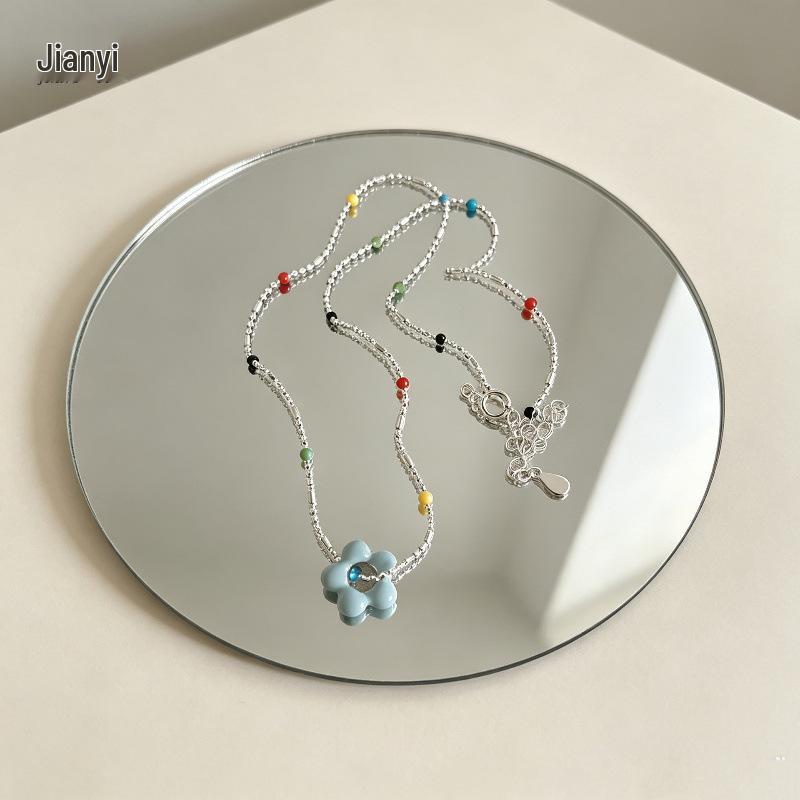 925 Sterling Silver Enamel Bead Colorful Flower Necklace for Women