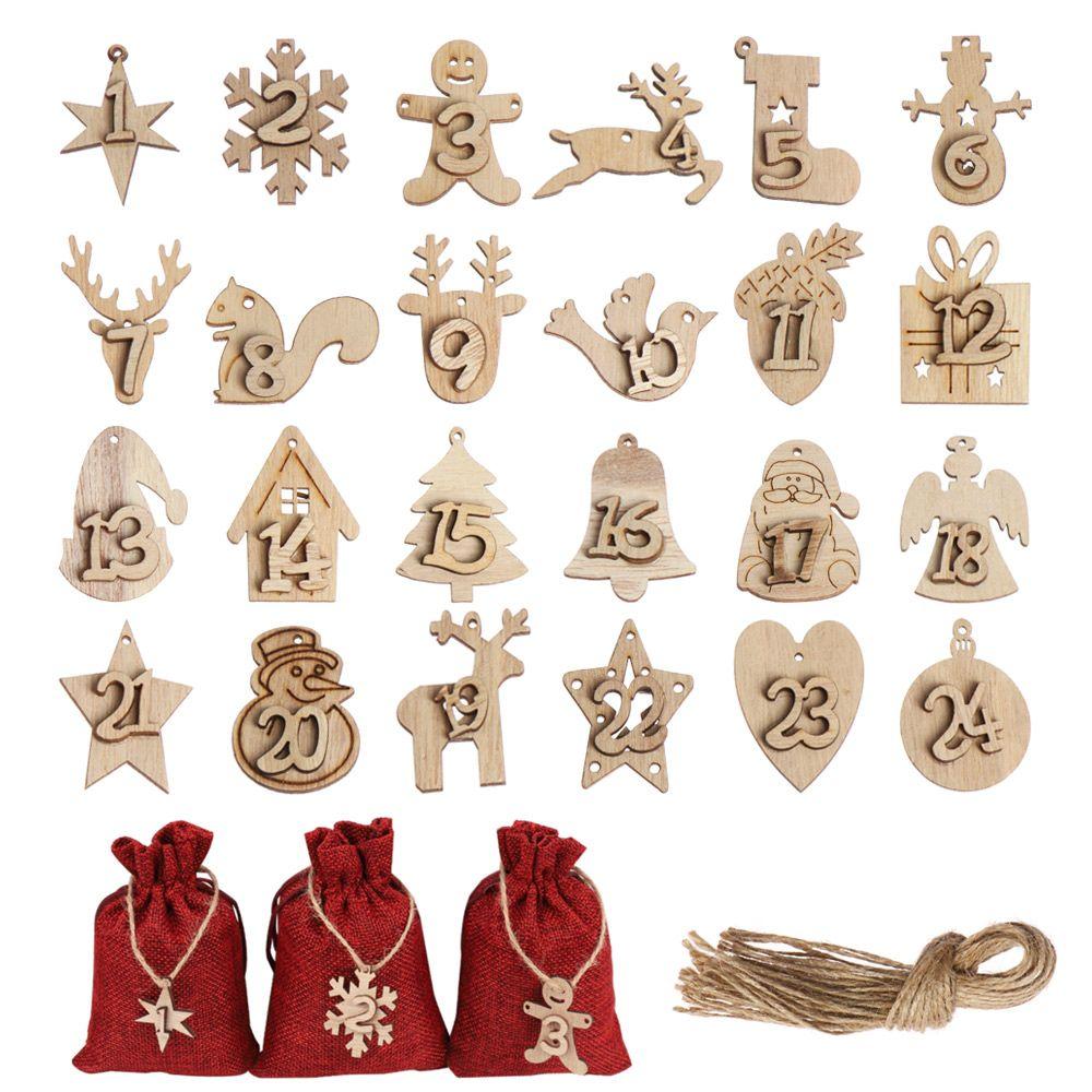 24pcs/set Merry Christmas Gift Bags Decor Xmas Countdown Hanging Tags Number Label Wooden Pendant Christmas Advent Calendar