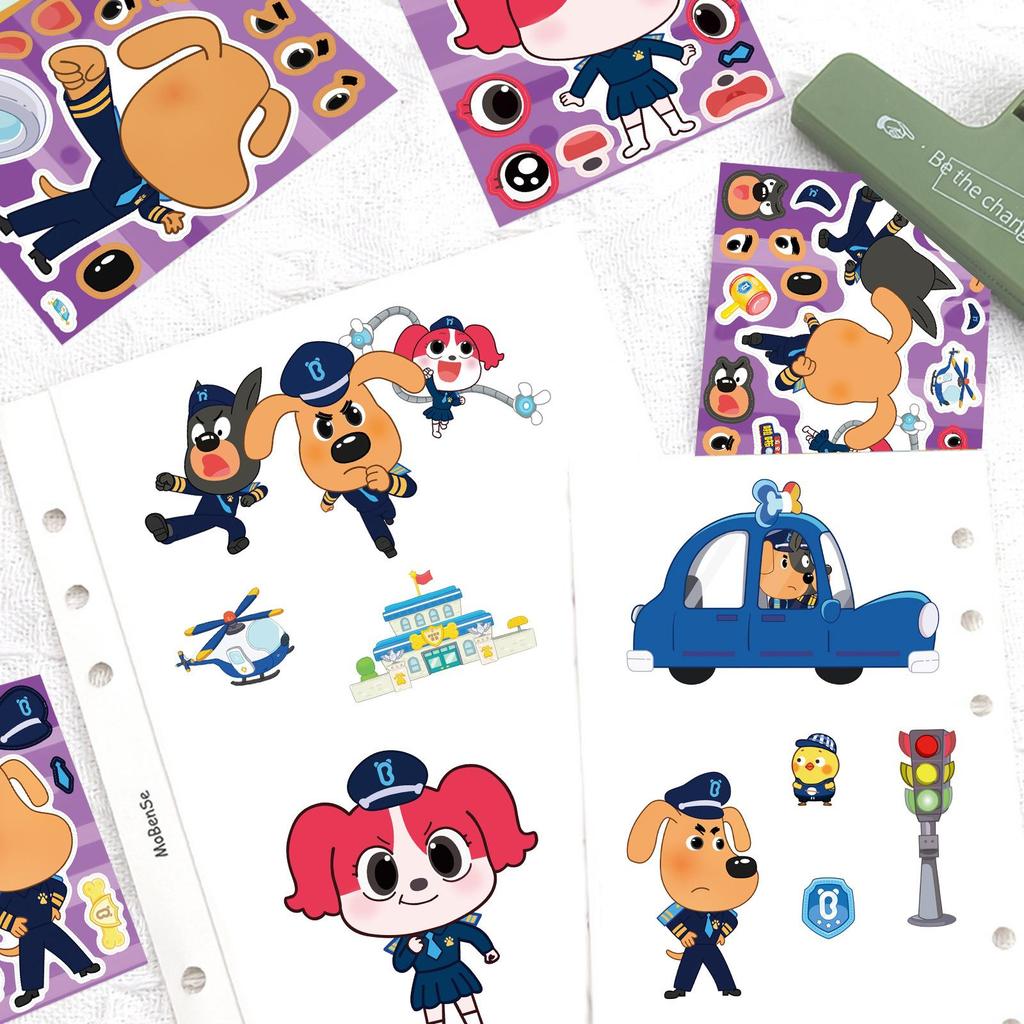 8PCS DIY Make a Face Sticker, Cute Dog Sheriff Puzzle Decals, Waterproof Vinyl Swap Face Stickers for Phone Laptop Helmet