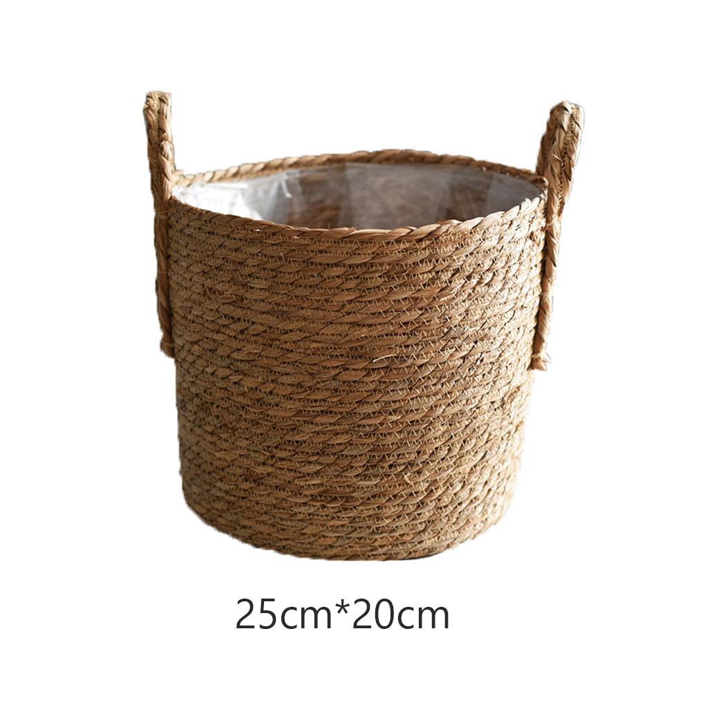 Woven Flower Pot Seagrass Plant Basket Garden Yard Greenhouse Flowerpot with Handle Potting Planting Hamper Household
