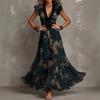 2026 European and American Retro Flower Lace V-neck Flying Sleeves Waist Big Pendulum Chiffon Holiday Long Dress