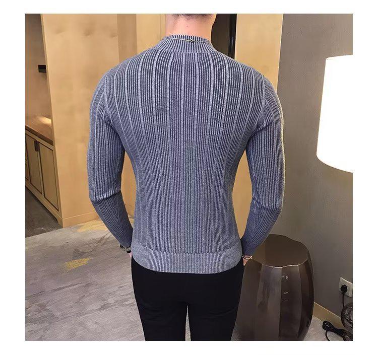 2026 Men's Striped Slim-Fit Knitwear: Autumn/Winter Long-Sleeved Half-High Neck Base Layer