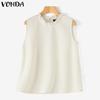 VONDA Women Summer Ruffled Neck Sleeveless Solid Color Casual Tank Tops