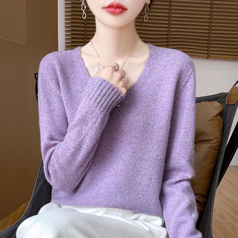 Women's 100% Wool V-Neck Slim Fit Sweater - Thick Knit Pullover for Autumn/Winter