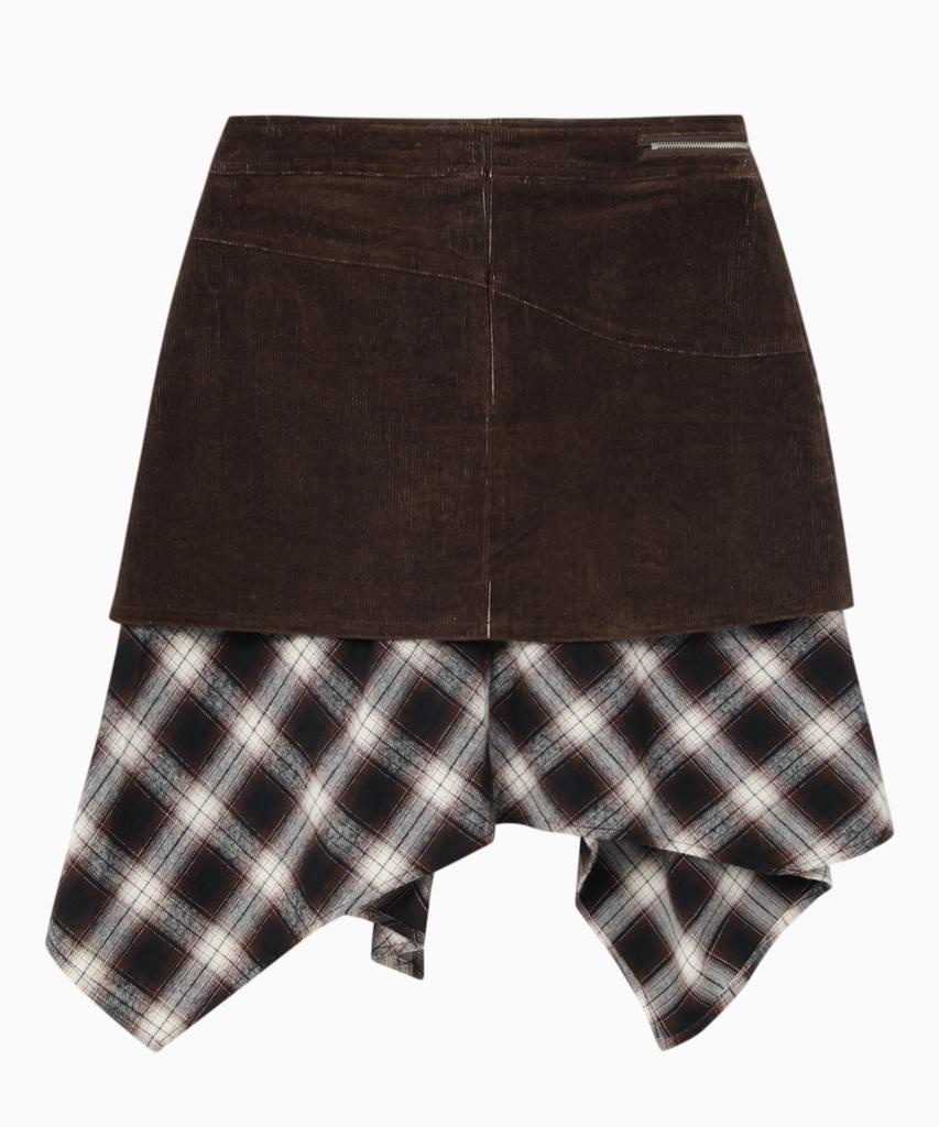 Jenyujeu Layers Corduroy Check Skirt - Brown