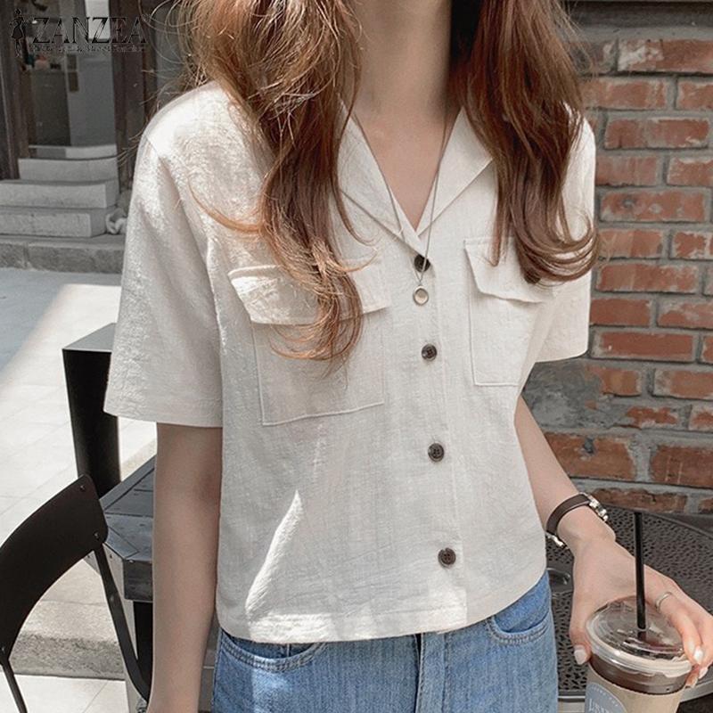 

ZANZEA Женская повседневная летняя блузка с короткими рукавами и зубчатыми лацканами