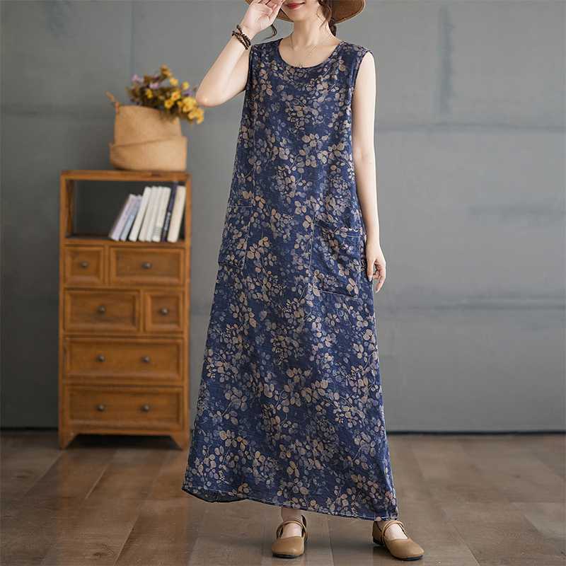 Retro Floral Cotton and Linen Halter Dress - Stylish Loose Lightweight Sleeveless Blouse-style Dress for Women