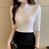 Korean Fashion Folds Solid Color Knitted T-shirt Casual All-match Short Sleeve Slim Pullovers Tops Summer Women's Clothing