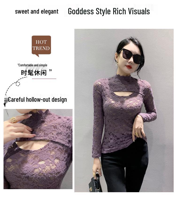 2023 Jaro Dámská Zeštíhlující Košile s Dlouhým Rukávem s Krajkovým Výřezem a Polovysokým Límcem