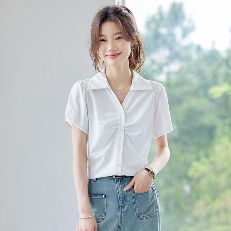 Toluoman Women s V-Neck Short Sleeve Pleated Blouse L