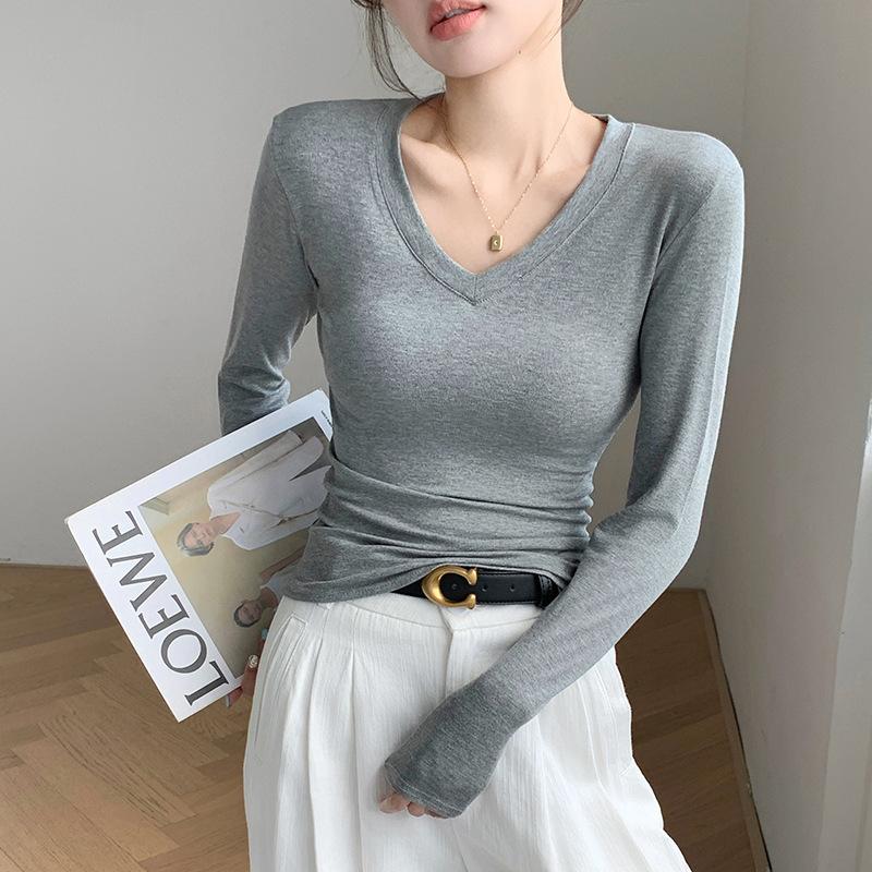 Love Collar Base Shirt Inner and Outer Design Top White Long Sleeved T-shirt with Front Shoulder V-neck