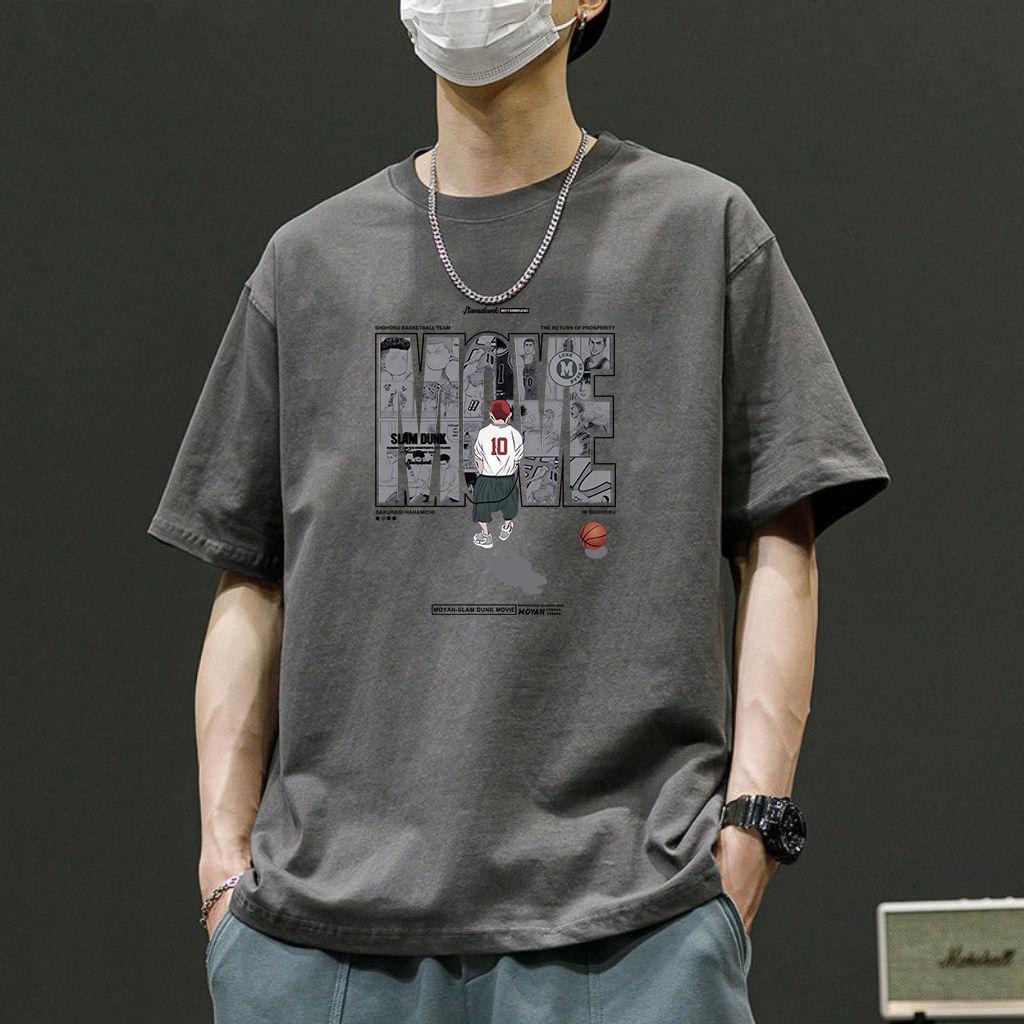 Mens Basketball Pattern T-shirt O-neck Short Sleeves Cotton Tee for Slum Dunk Fans