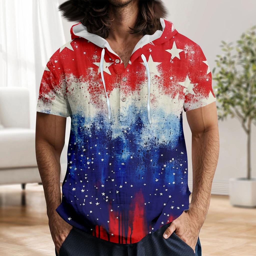 Men'S Casual Short Sleeved Hooded Top Buttoned Open Neck T-Shirt
