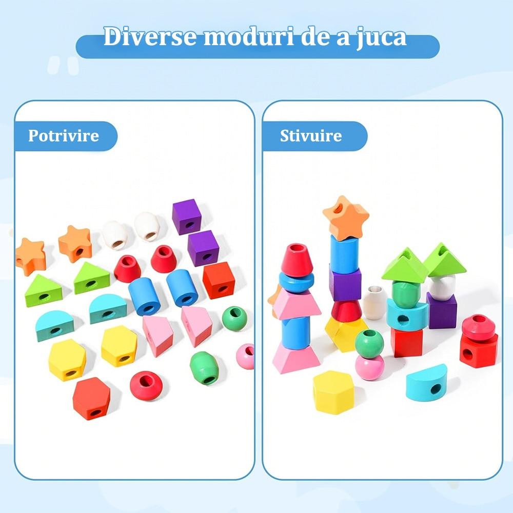 Montessori Bead Sequencing Set, Wooden Bead Toys for Toddlers, Color Matching Shape Stacker, Educational Toys for Preschool Learning Ages 2-5