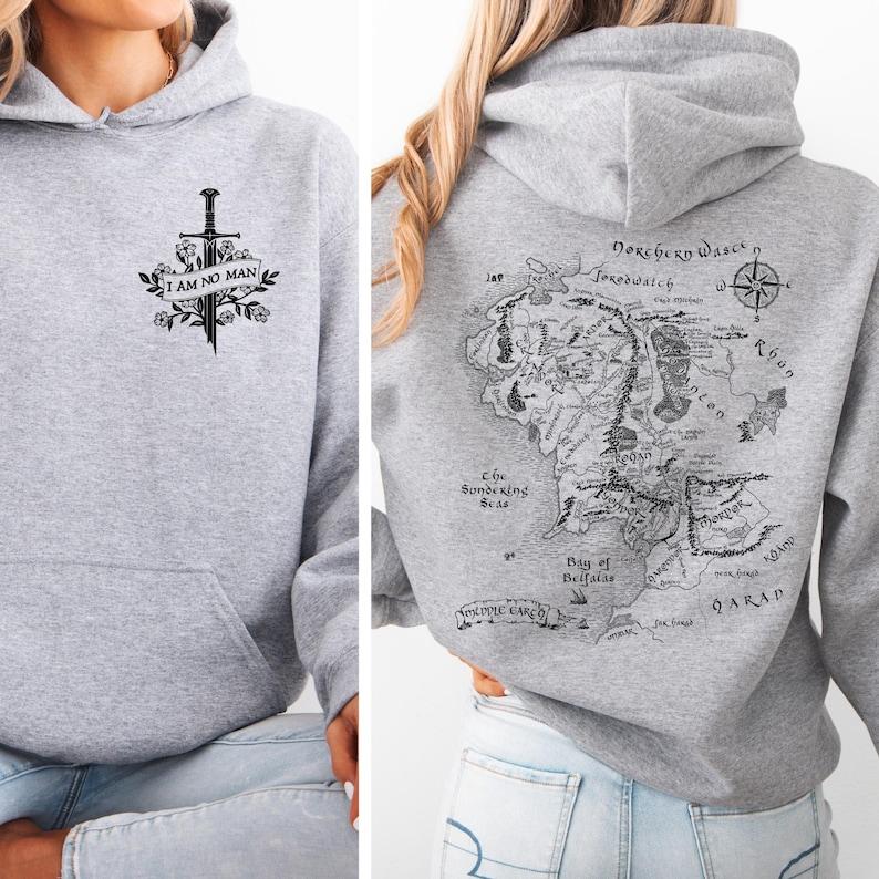 I Am No Man Hoodie Fantasy Map Sweatshirt Bookish Gift for Readers Cozy Adventure Hoodies Feminist Fantasy Apparel Long Sleevewoman