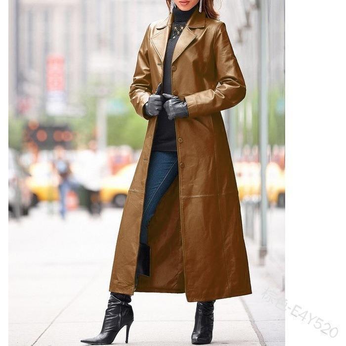 

European & American Women s Long Leather Button-Up Coat - Slim Fit, Plus Sizes Available Large синій
