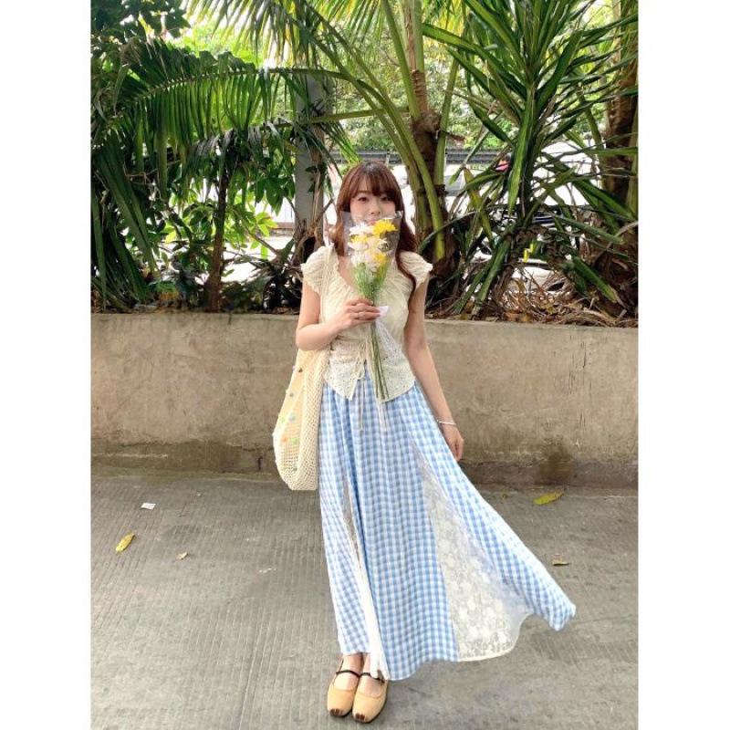 Plus Size Lace Patchwork Blue Plaid A-Line Fairy Long Skirt XXL