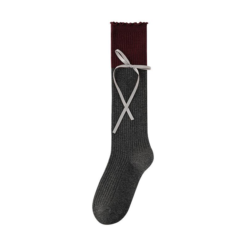 Sweet Ribbon Bow Mid-calf Socks for Women, Color-blocked Black Ear-trimmed Pile Socks