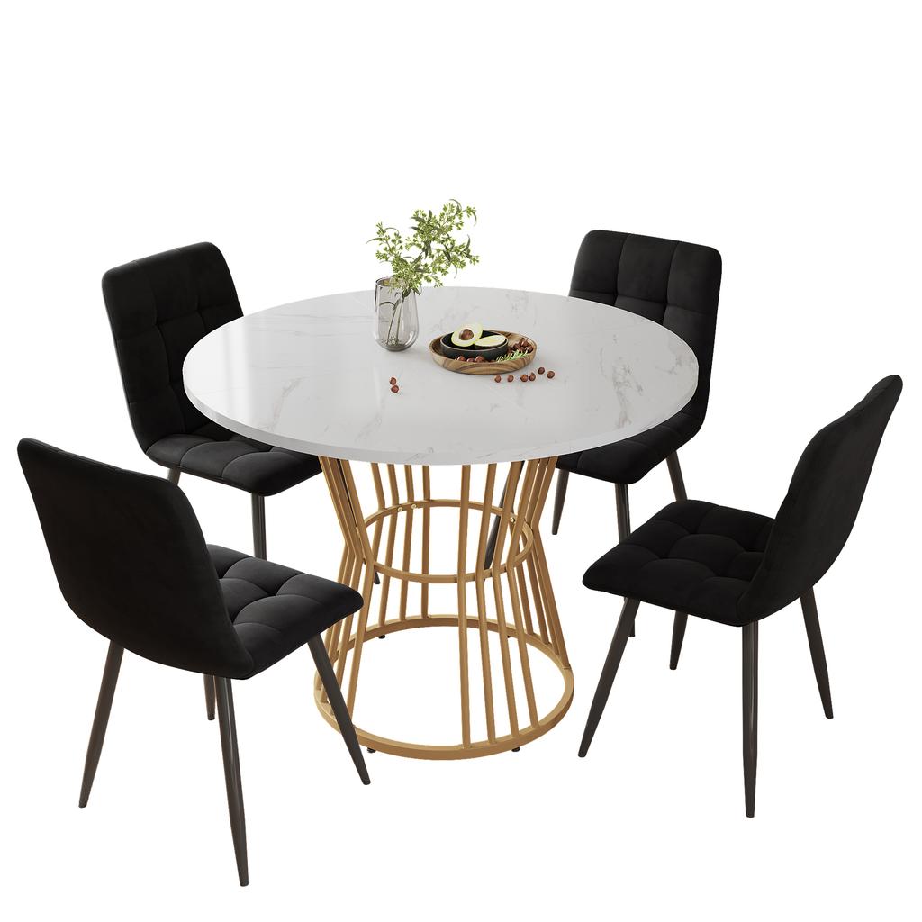 Esstischset (5-teilig) mit 4 Stühlen, runder Küchentisch mit 100 cm Durchmesser und goldfarbenen Metallbeinen, weiße MDF-Tischplatte, schwarze Samtstühle