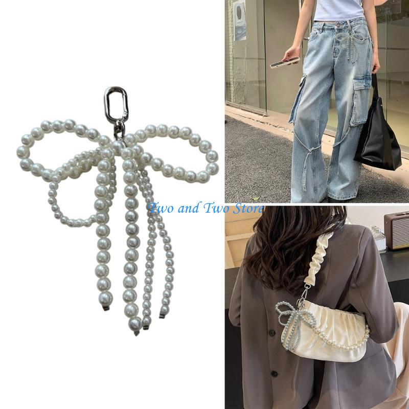 HX6F Pearl Beaded Bowknot Charm Keychain Backpack Decoration Jewelry for Women Girls CN