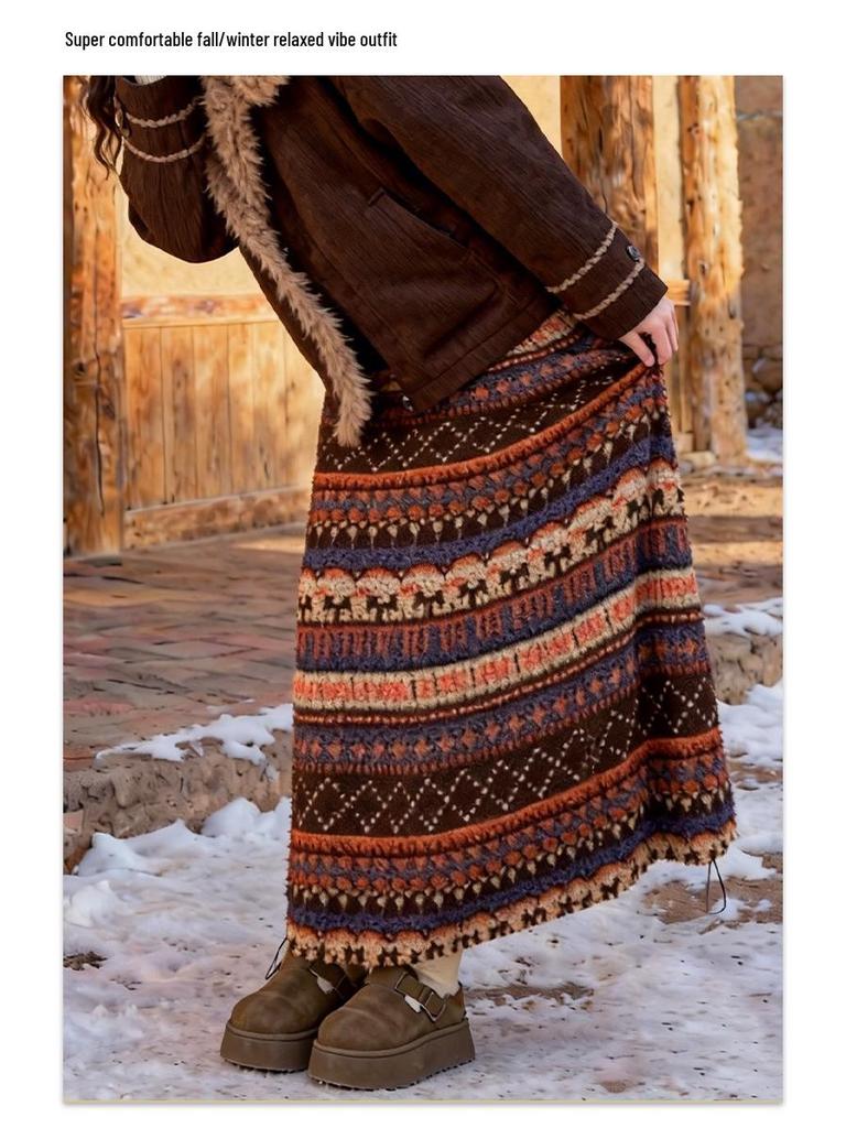Fair Isle Fleece Two-Way High-Waisted Lantern Skirt for Women, Autumn/Winter Collection