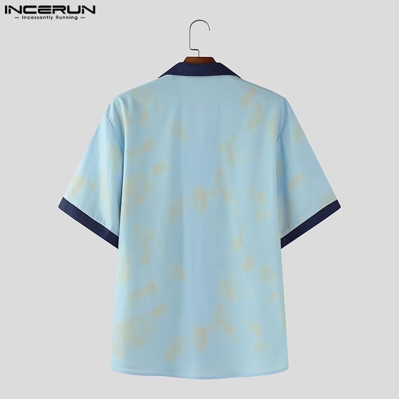 INCERUN Oversized Men Lapel Neck Short Sleeve Stitching Printing Casual Loose Shirts