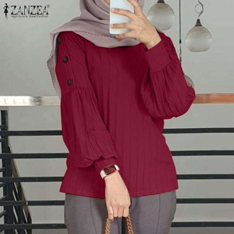 

ZANZEA Женская повседневная однотонная блузка с круглым вырезом и длинными рукавами 5XL вино красного