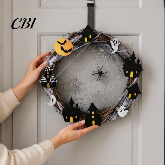 Fireplace Mantel Decoration Halloween Spider Web Wreath, Spooky Vine Branch Wreath with Ghost Castle Door Hanger Bat for Front Door, Farmhouse,