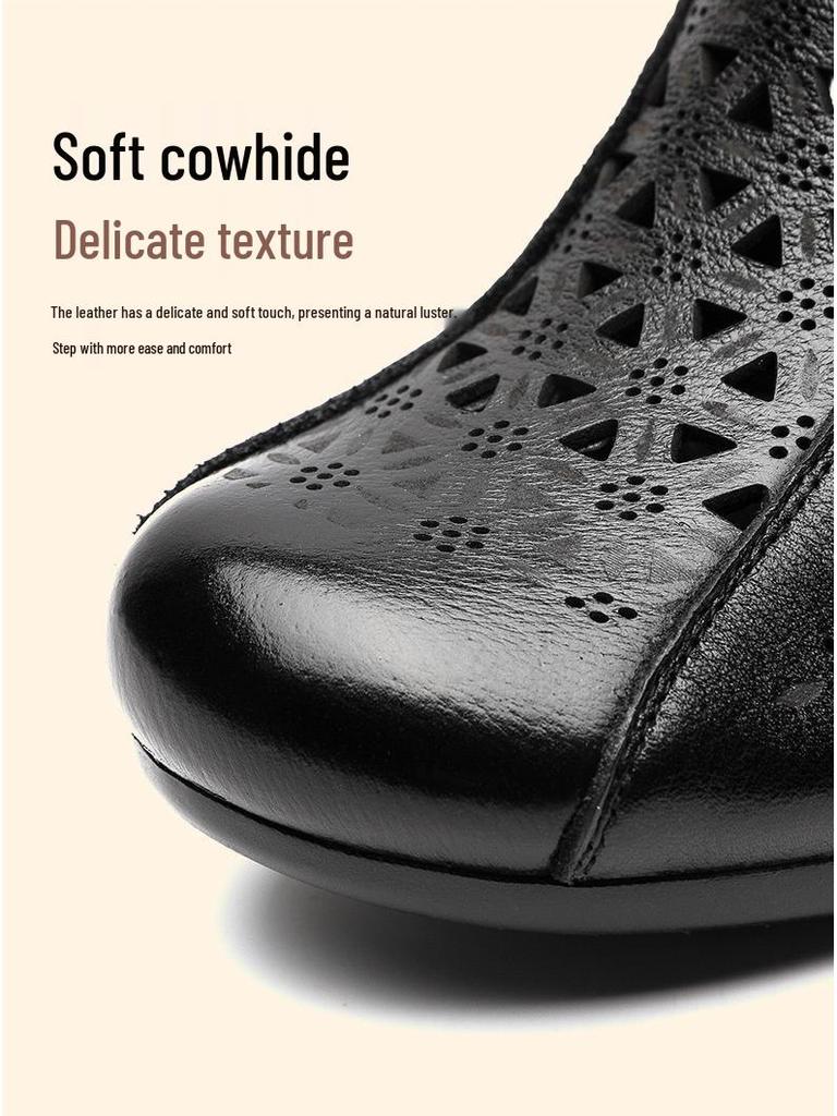 2025 Summer Genuine Leather Peep-Toe Perforated Mid-Heel Sandals - Women's Retro Chunky Heel Martin Boots.