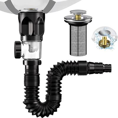 Lavabo Gideri, Banyo Lavabo Gideri Takımı, Esnek Geri Çekilebilir PVC Gider Hortumu ve Açılır Lavabo Tıkacı ile Lavabo Sifonu, Koku ve Böceklere Dayanıklı
