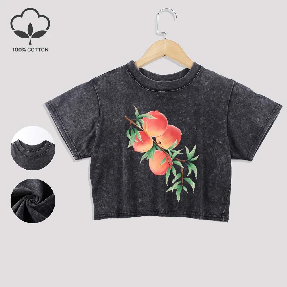 Fresh Peaches Prints Cotton Washed T-Shirts All-Math Summer Lace Hem Crop Tops Distressed O-Neck Short Sleeve Casual Clothes