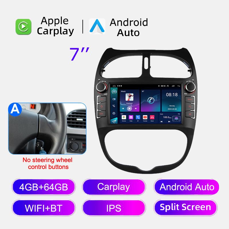 Android 12 Car Radio for PEUGEOT 206 206CC 206SW 2000-2008 Multimedia Player GPS Navigation 7 Inch With Buttons Carplay HeadUnit
