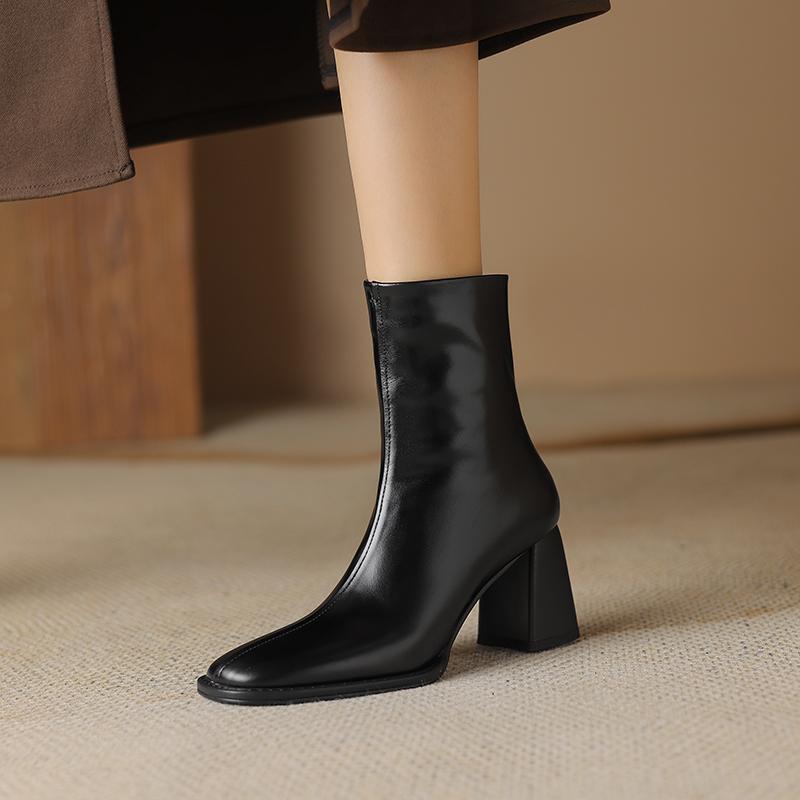 Fashion 2024 Autumn/Winter Women Boots Square Toe High Heel Shoes for Women Leather Boots Women Handemade Shoes Mid-calf Ladies Shoes