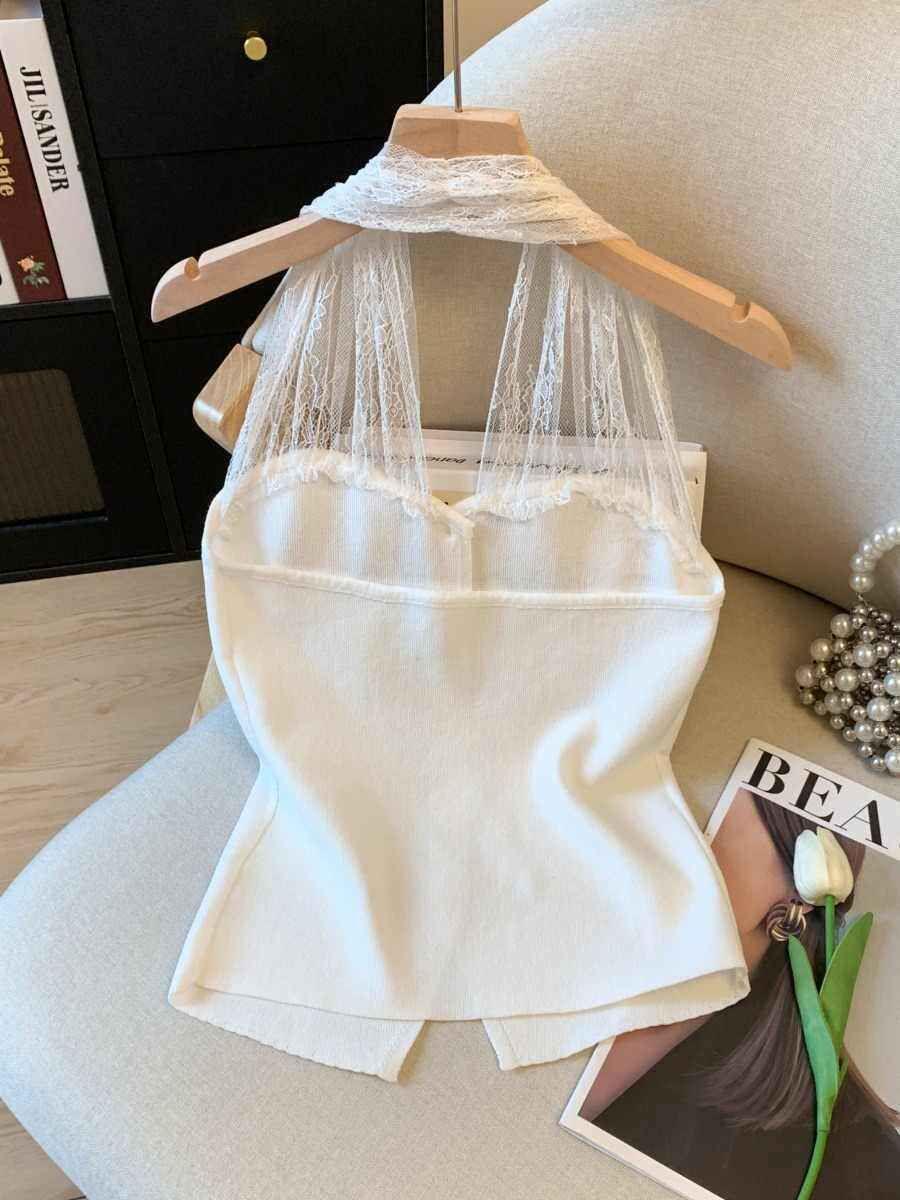 Женская облегающая летняя майка-топ с пэчворком из французского кружева на бретельках One Size белый