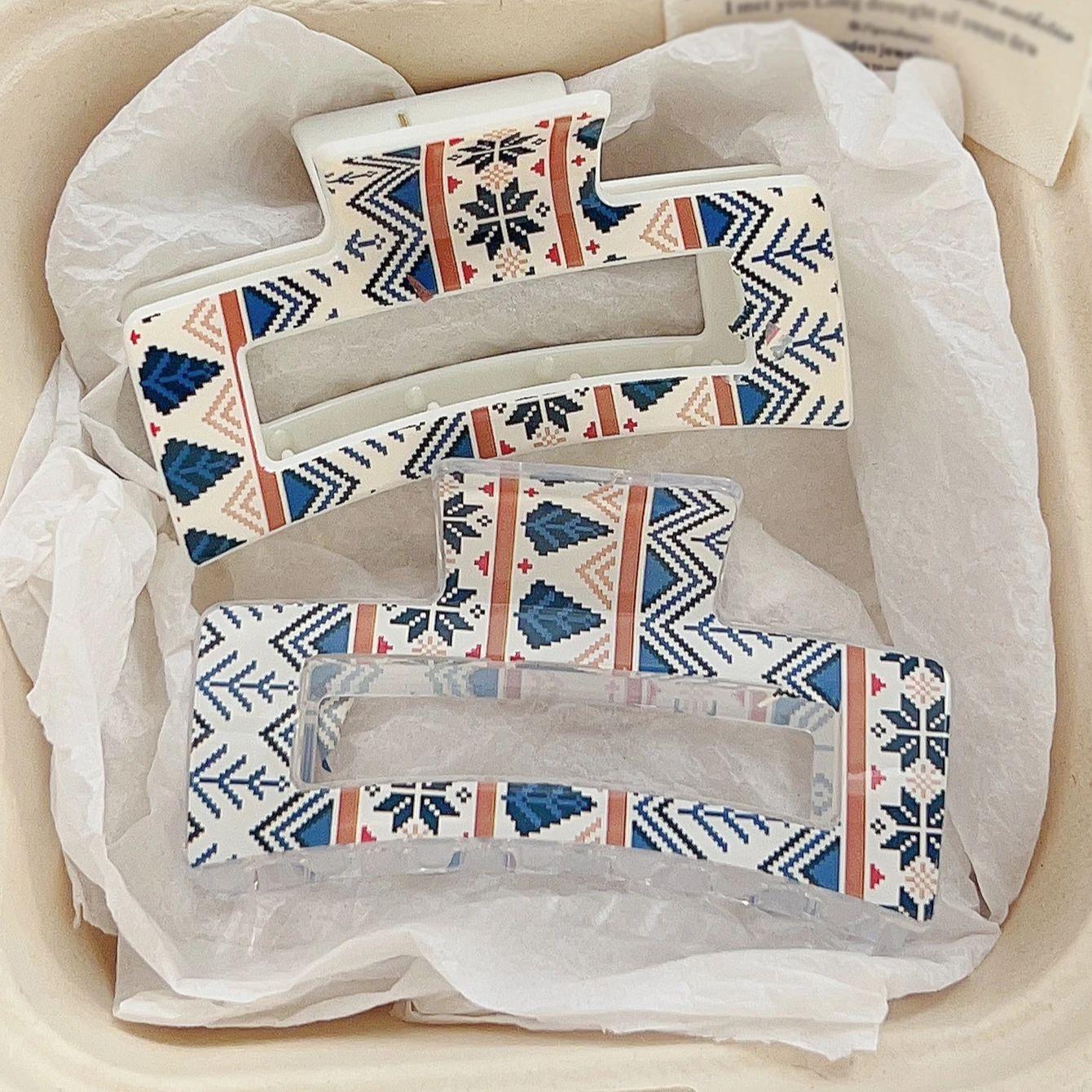 

2Pcs Boho Print French Barrettes Hairpins,3.4in Non-Slip Square Hair Claw Clip Elegant Fashion Accessories Shark Clips for Women