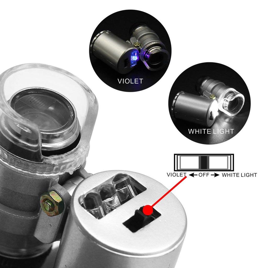 60x Juwelierlupe mit LED UV-Licht Taschenlupe Juwelierlupe Einstellbarer Fokus Mini-Mikroskop für Edelsteine Münzen
