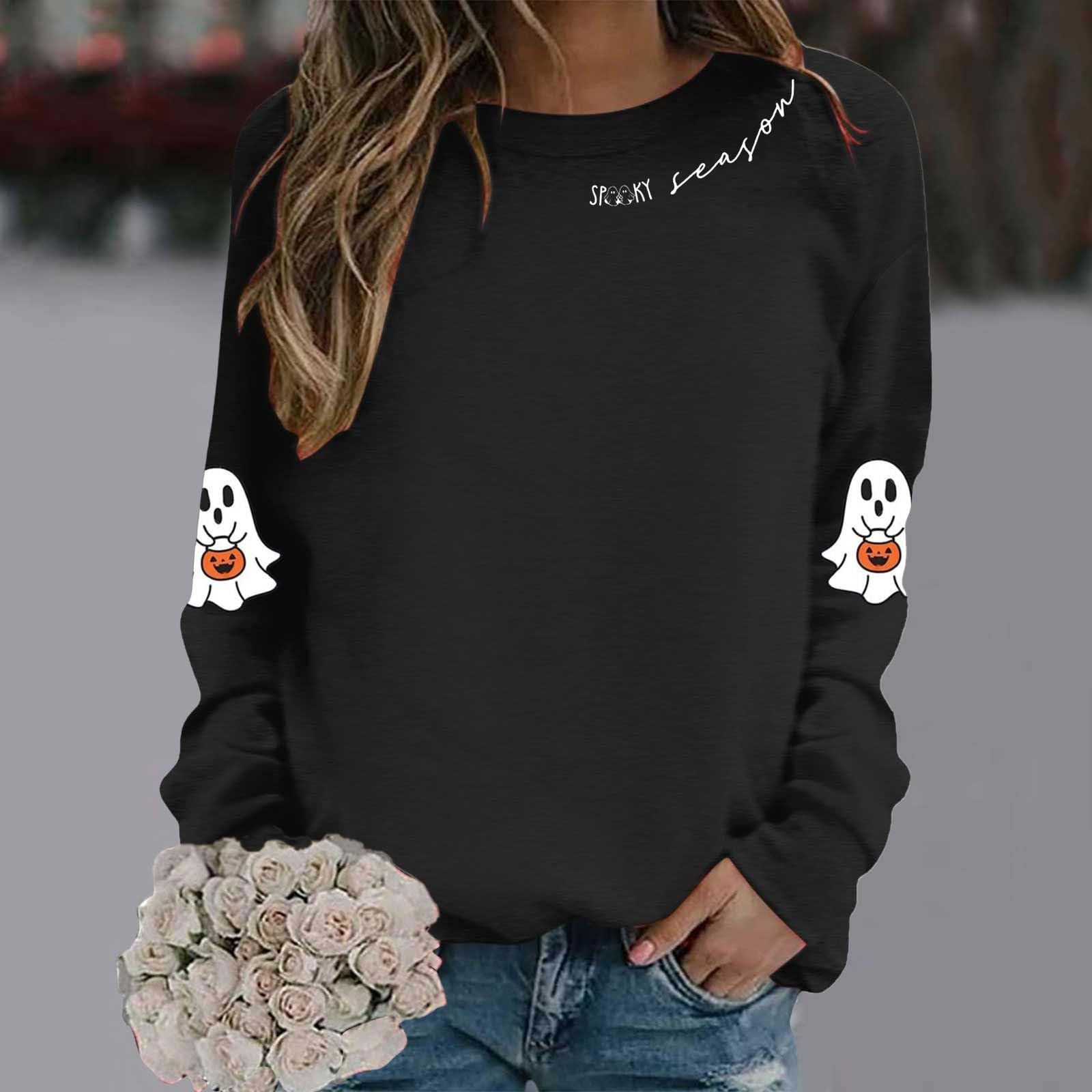 

Women s Fashion Casual Round Neck Long Sleeve Print T-shirt Top(Spooky Season) M чёрный