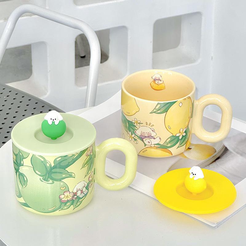 High-Value Cartoon Ceramic Cup With Lid Household Cute Couple Coffee Cup Creative Souvenir