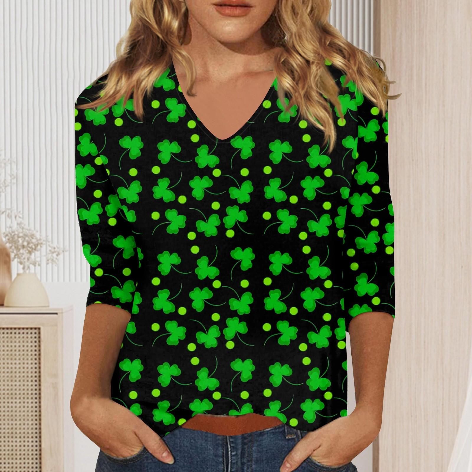 

Женская мода на каждый день Повседневная футболка с v-образным вырезом и семиточечным рукавом с принтом Топ XXL зелёный