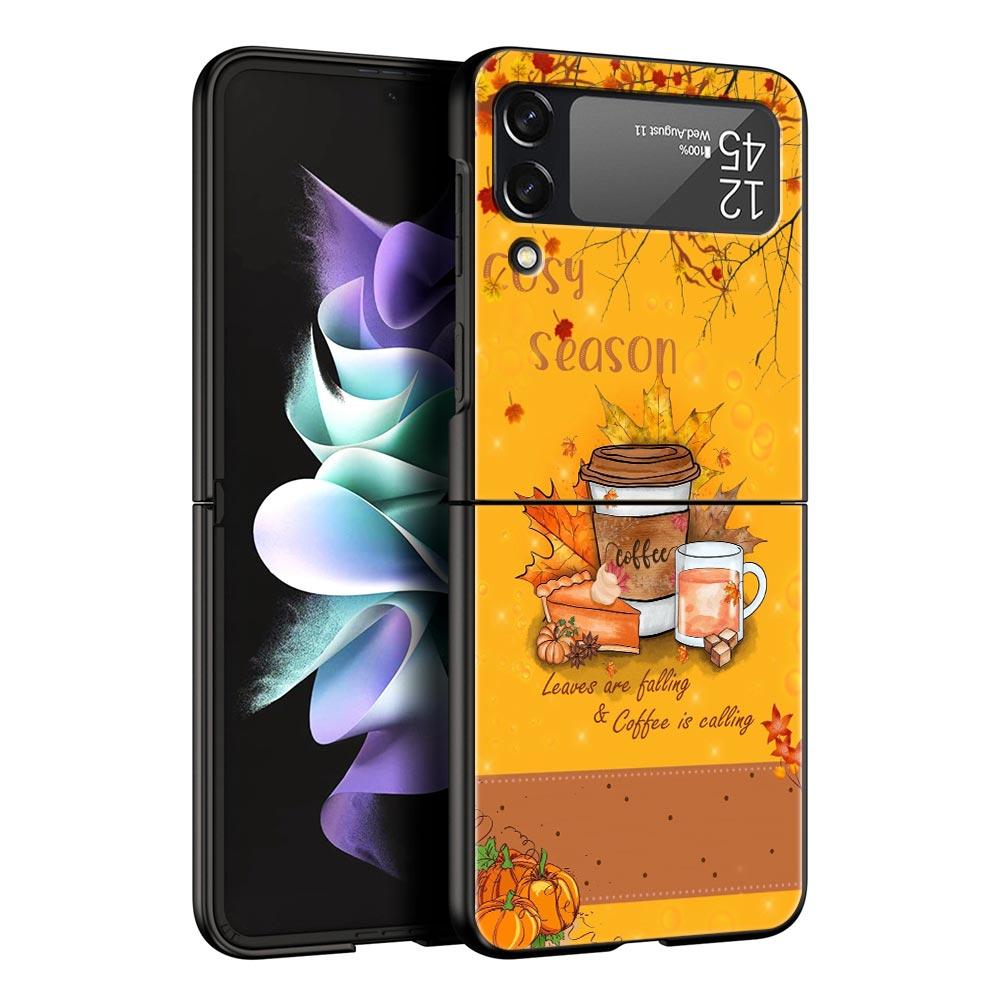 Pumpkin Autumn Leaves Coffee Hard PC Phone Case For Samsung Galaxy Z Flip 7 6 5 4 Black Cover For Galaxy Z Flip 3 Foldable Shell