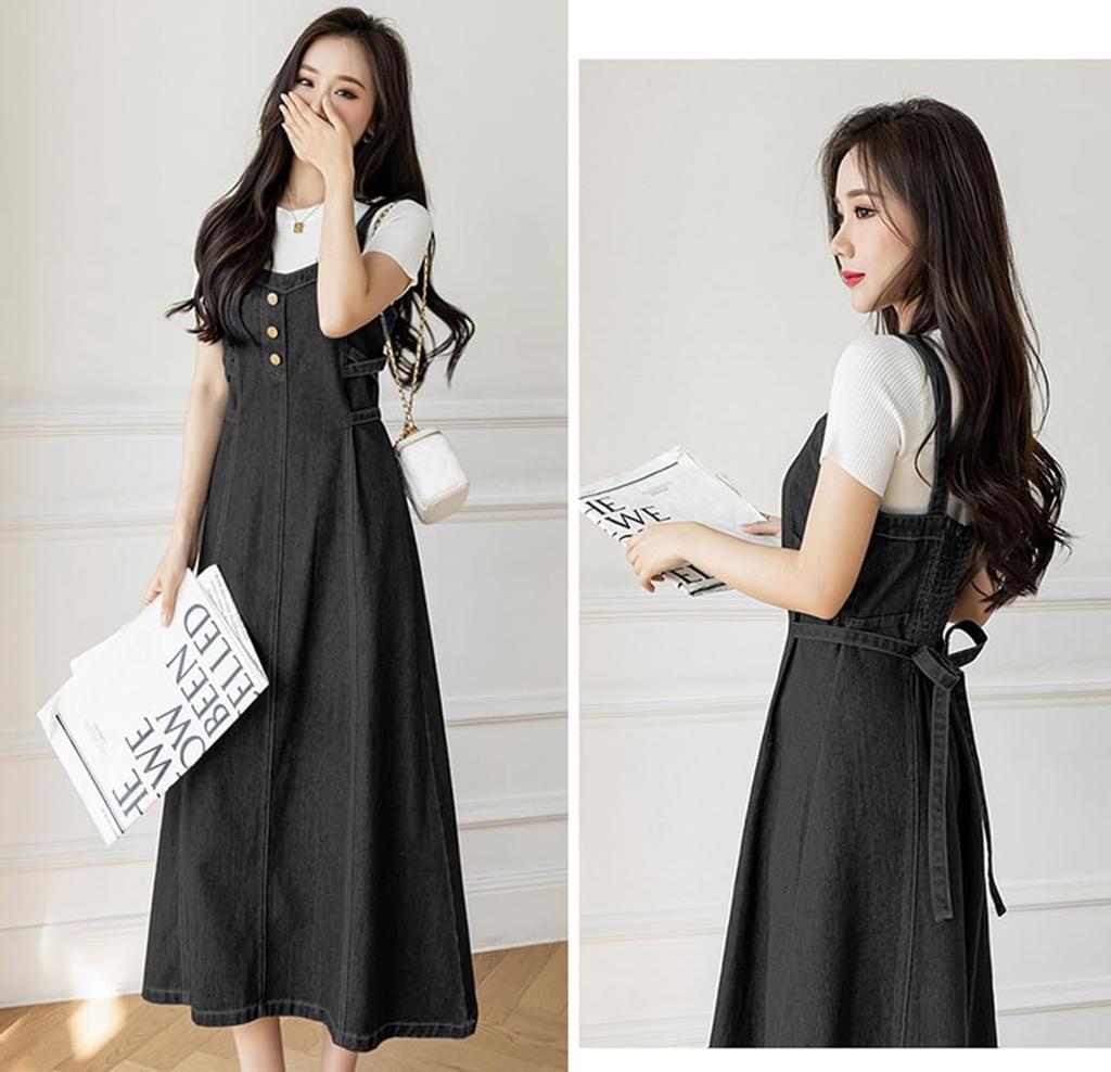 JIYUTOR Denim Jumper Skirt with Solid Back Elastic Midi Plus High Fall Women's Suspenders, Color, Ribbon, V-Neck, Length, Sizes, Waist, Spring,