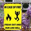 2D Flat - 1pc Vintage "Freak Out and Run Like Hell" Metal Sign - 8x12 Inches, Yellow with Black Text & Fiery Design, Retro Wall Decor for Home, Bar