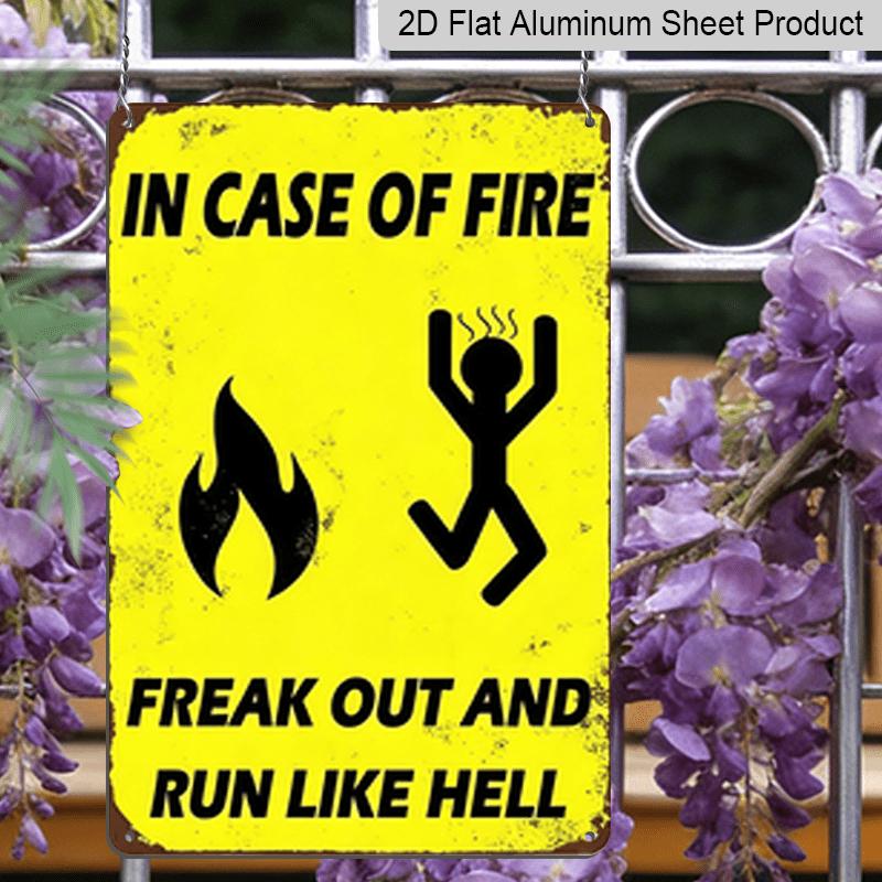 2D Flat - 1pc Vintage "Freak Out and Run Like Hell" Metal Sign - 8x12 Inches, Yellow with Black Text & Fiery Design, Retro Wall Decor for Home, Bar