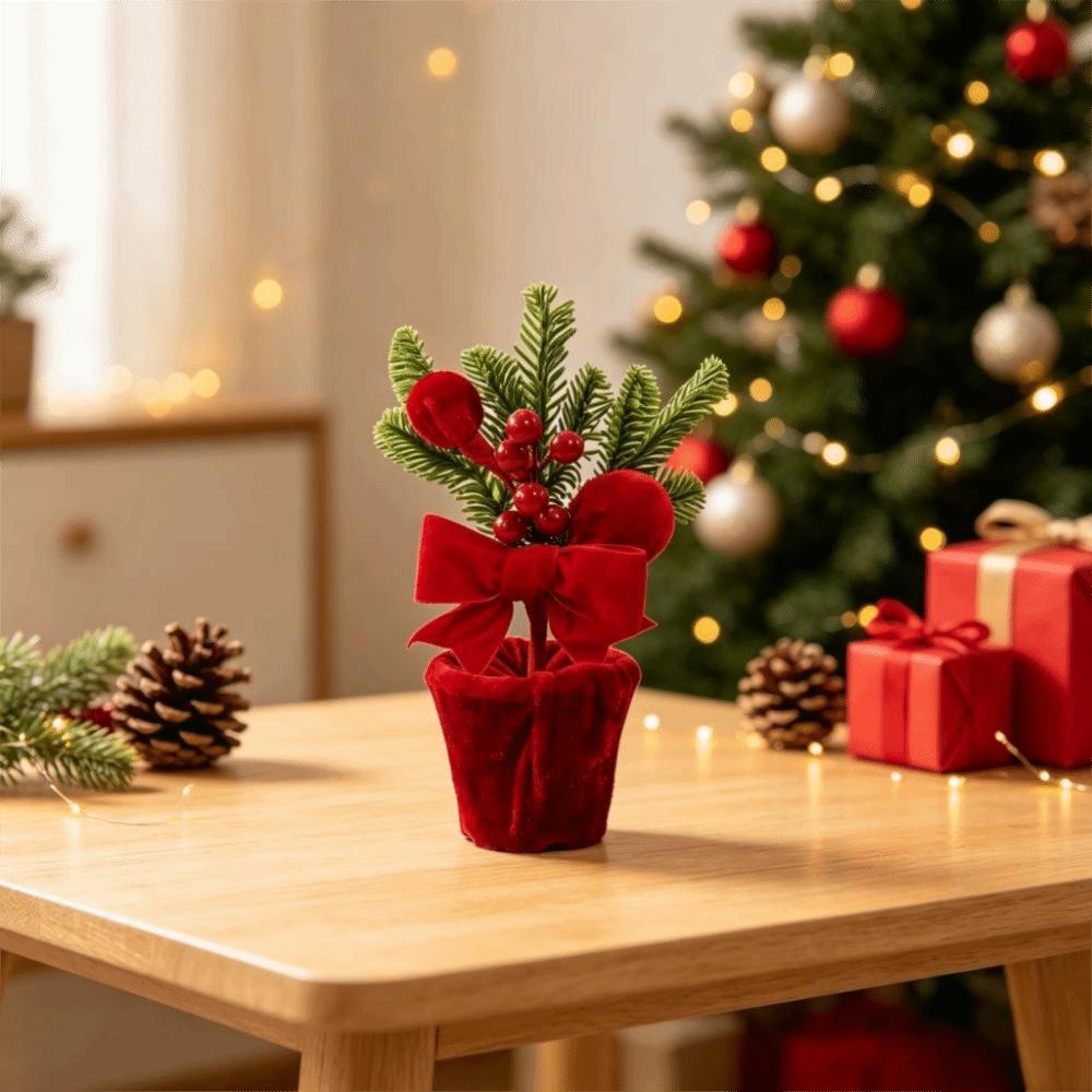Fabric Christmas Potted Plant Wine Red Christmas Decoration Plant Mini Potted Christmas Tree Desks